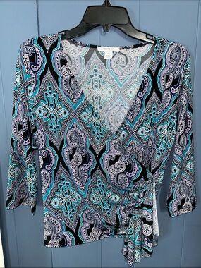 dressbarn Teal, Black & Light Purple Paisley Wrap Blouse